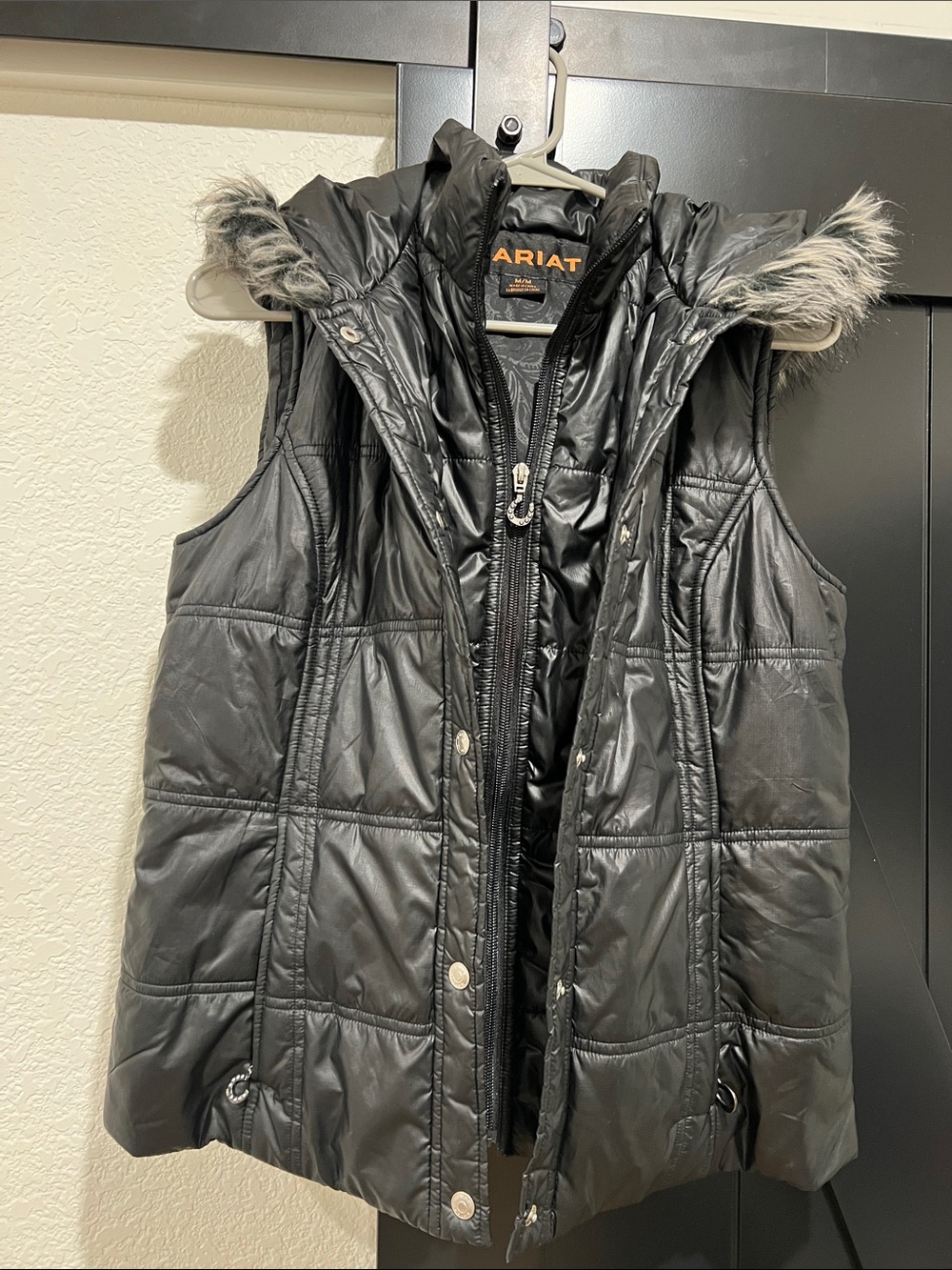 Womens Ariat Black Quilted Hooded Puffer Vest with Faux Fur Trim